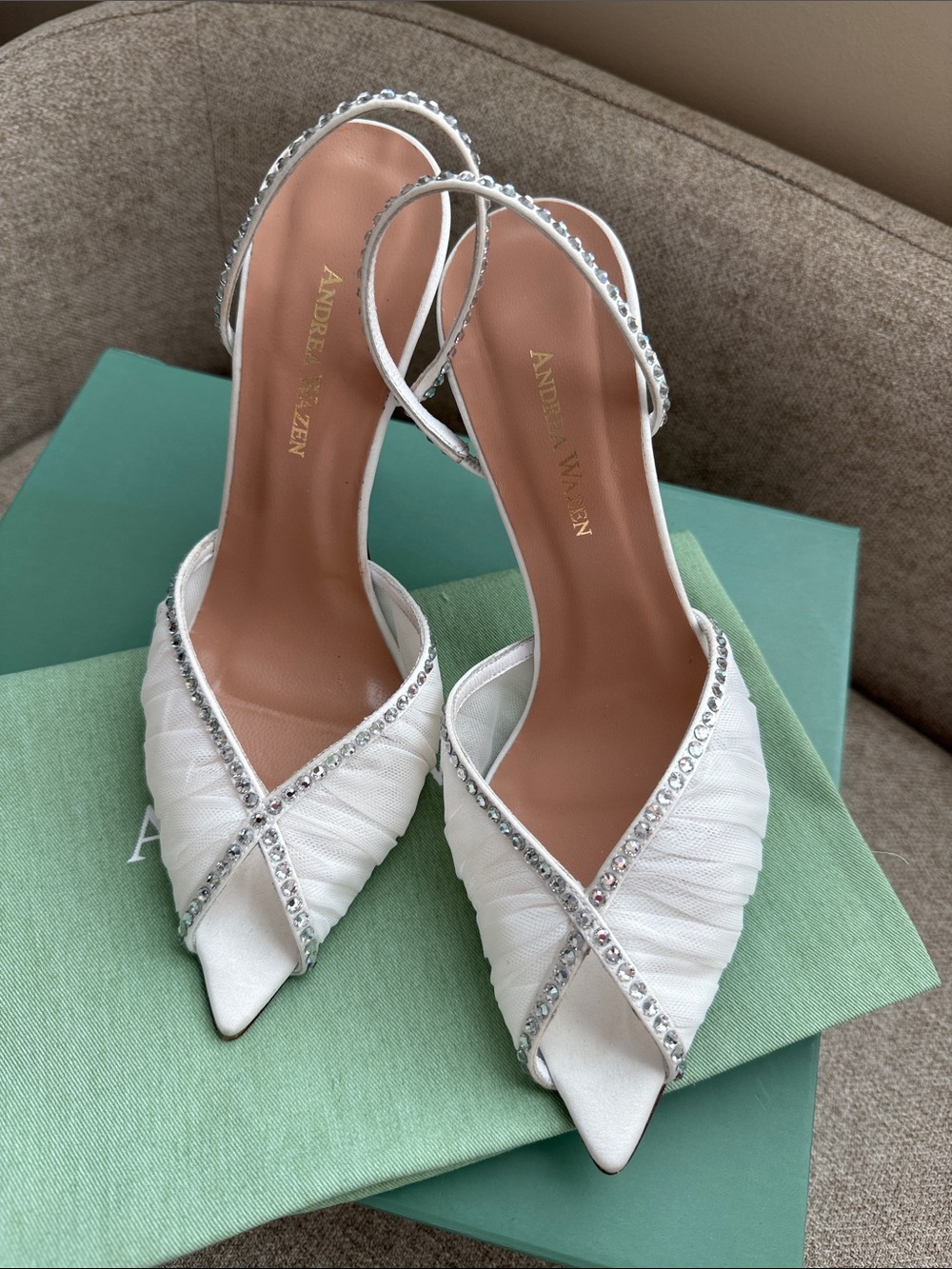 Andrea Wazen KATY SLING White Satin Tulle Swarovski 38/8 Bridal Wedding Heels